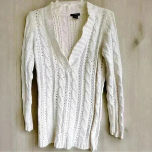 Y2K Women’s V-Neck Tunic Cable Knit Ivory Long Sleeve Rare Sweater Link Sz S